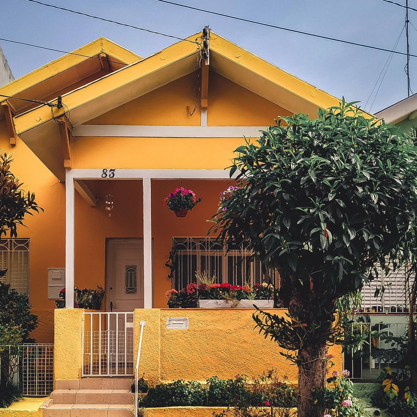 A bungalow with a planted front porch